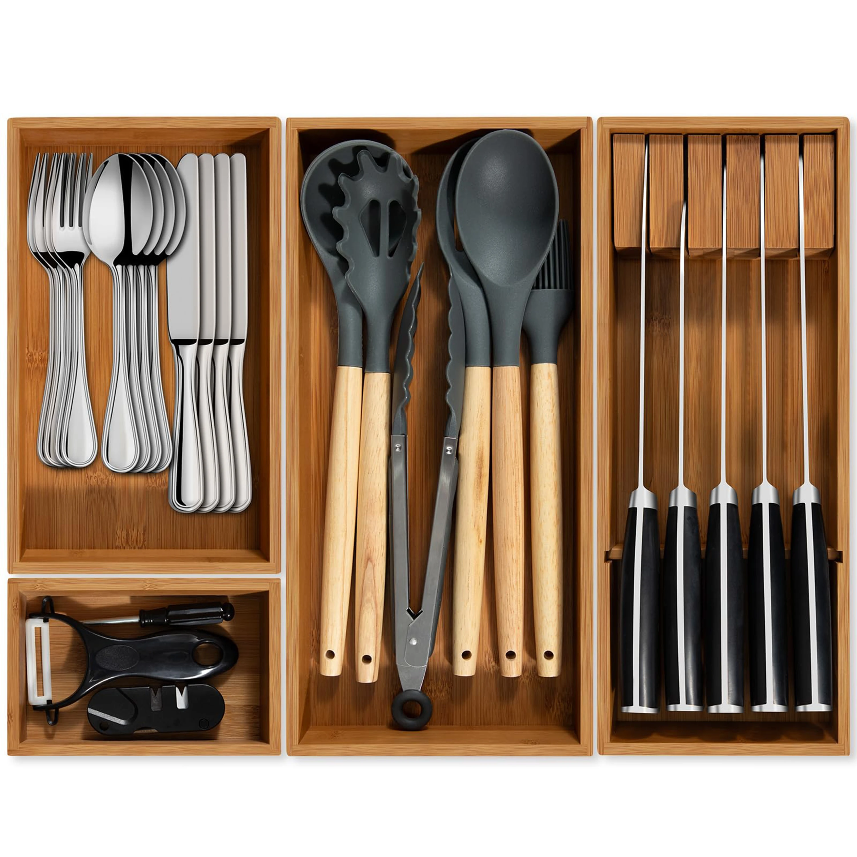 Bamboo Drawer Organizer 4-Piece Set Carbonized Non-Slip Extra Deep Kitchen Cutlery Utensil Storage Tray Silverware Knife Holder