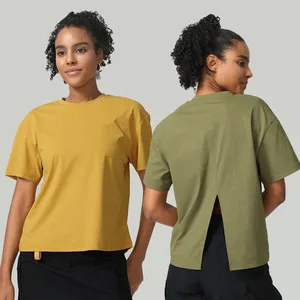 Women's Back Slit Tops Quick Dry Breathable Drawstring Running Shirt Loose T Shirts Short Sleeve Fitness Top Sports Shirt Women