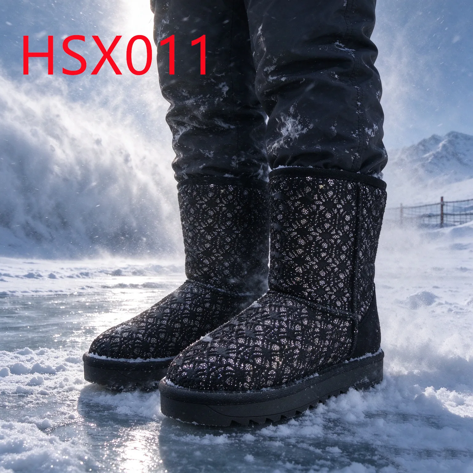 HY,snow Removal Glitter Jacquard Design Hua Singh Lady Ski Boots ultra Warm Wool Lining Foldable Shaft Winter Boots HSX011