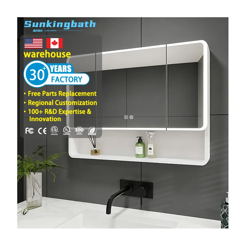 Hot Selling Modern Customized White Led Bathroom Vanity Cabinet Rectangle Aluminum Mirror Cabinet for Hotel Villa Bathroom