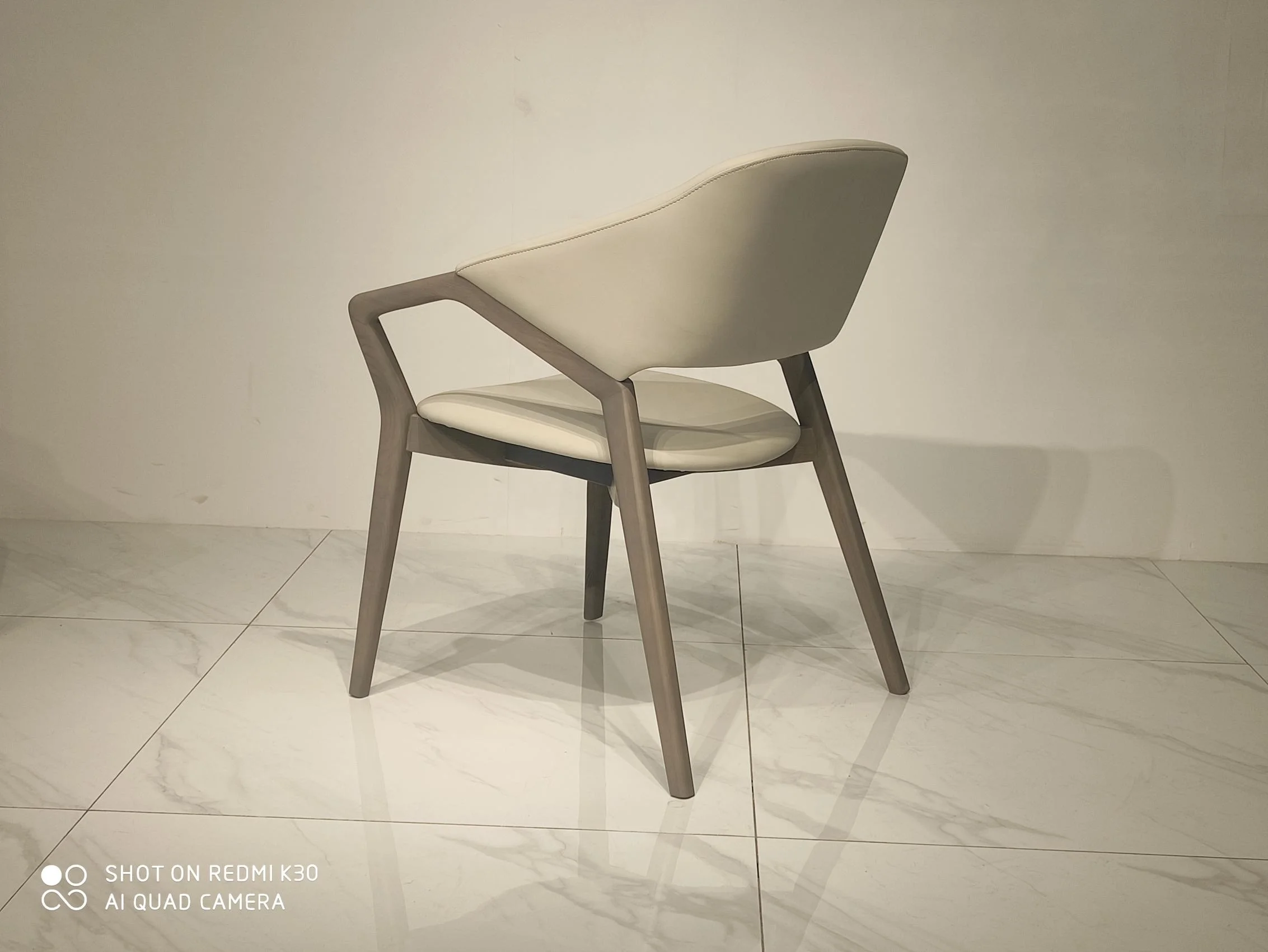 Nordic Modern Style Armrest Living Room Kitchen Restaurant Cafe Chair PU Leather Wooden Light Grey Dining Chair