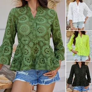 Womens V Neck Button 3/4 Sleeve Hollow Blouse Shirt Puff Sleeve Peplum Babydoll Tops Casual Trendy Blouse T-Shirt