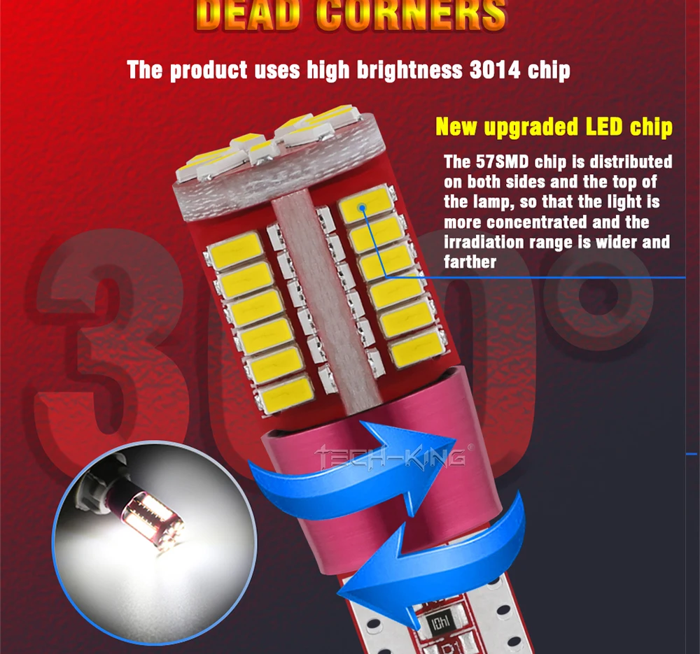 TECH-KING Hot Sale T10 3014 57smd Without Polarity High Power Reading Light Width Lamp Led Bulb DC12V W5w 194 168 Car Small Bulb