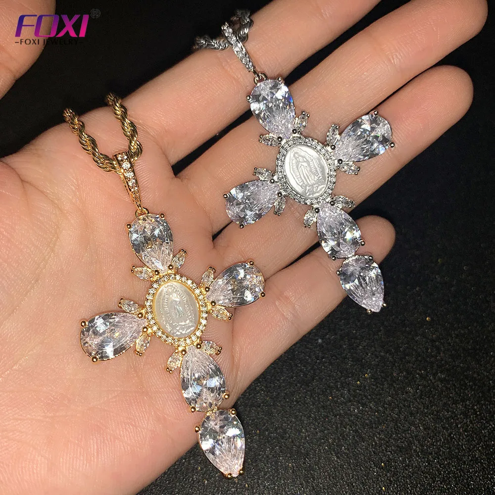 For Foxi Silver Gold Plated Virgin Mary Shell Necklace Custom Logo Religious Cross Jewellery with Zircon Brass As Main Ston