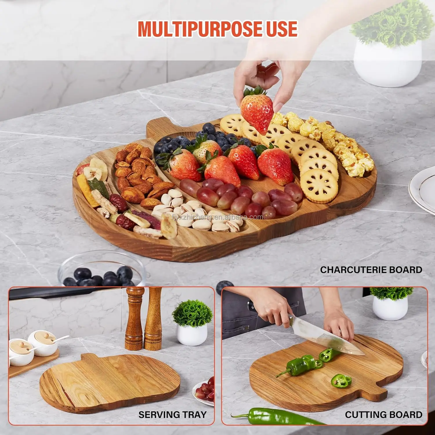 product pumpkin shaped wooden divided serving platter   charcuterie board for fruit snack  nut christmas party serving tray-6