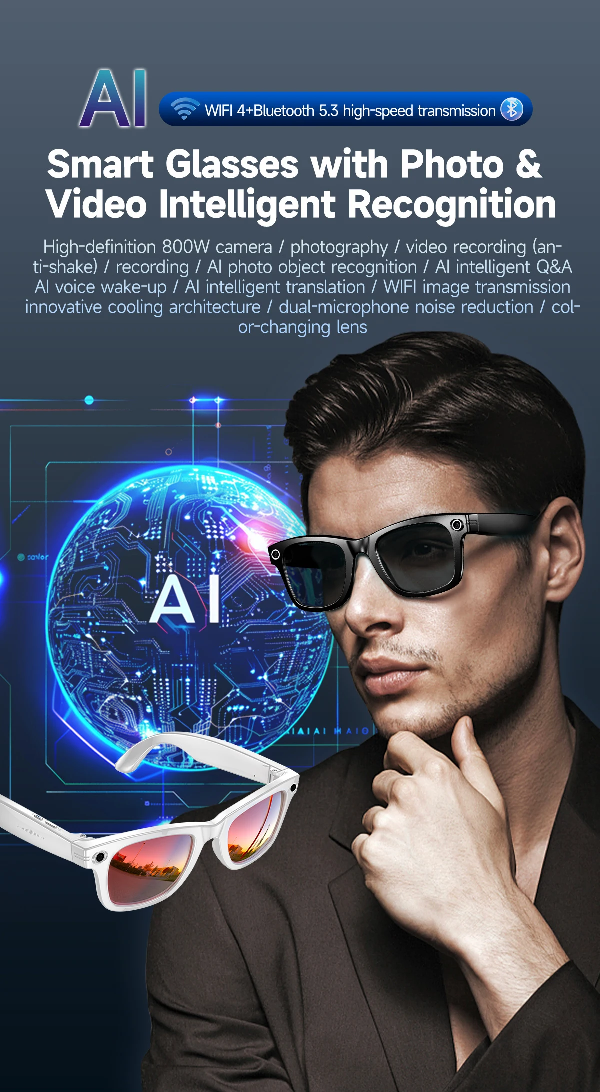 Smart Glasses with Camera ENC Noise Reduction WiFi Image Transmission AI Chatgpt Smart Glasses with Camera and BT Call
