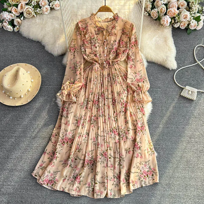 YM802 - Sweet Floral Print Dress with Elastic Waist Ruffles