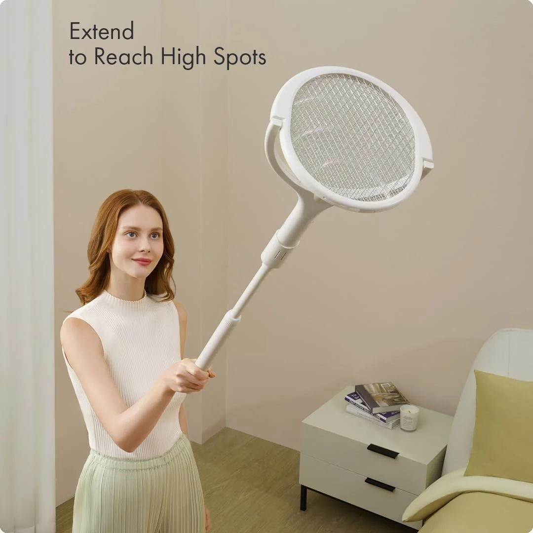 Multi-Function Rotating Head Electric Fly Swatter Racket Rechargeable Bug Zapper Racket with a Telescopic Extension for Indoors
