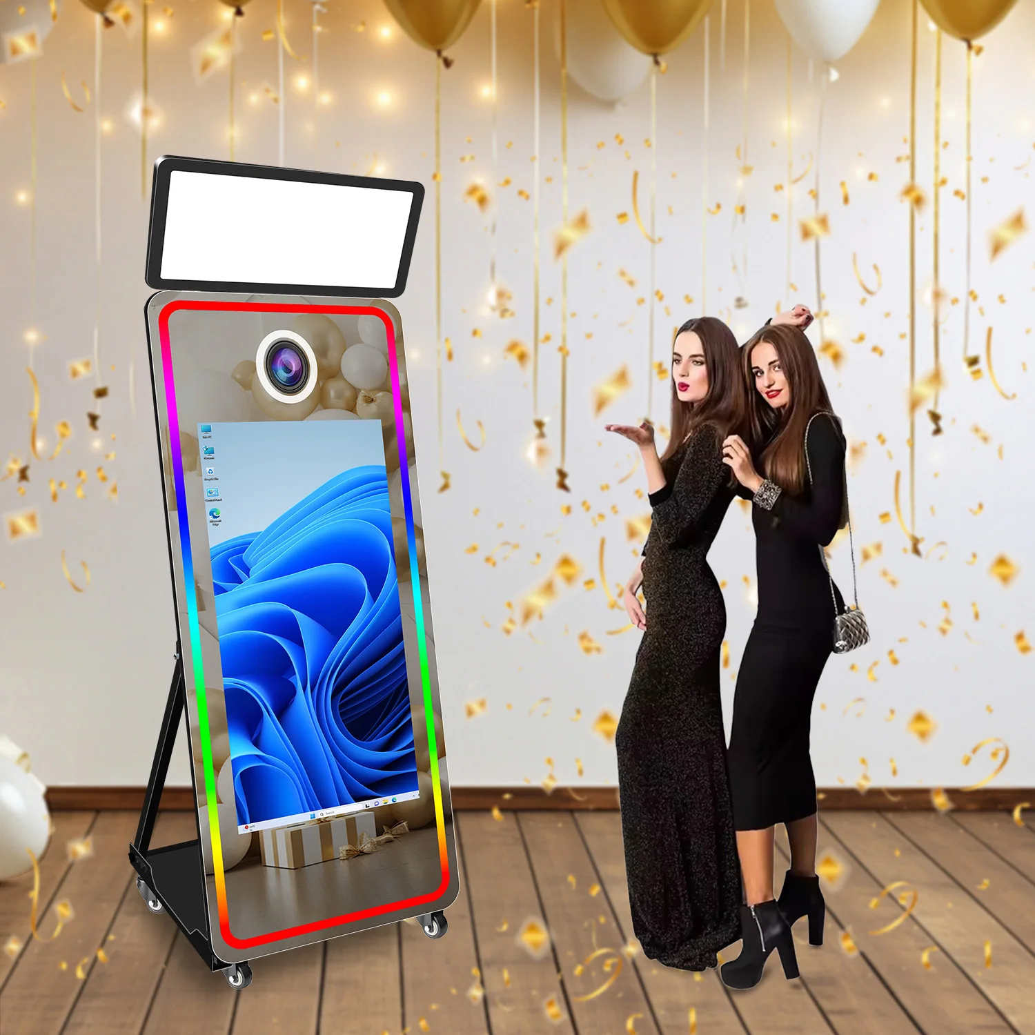 Cabine de Fotos Interativa com Espelho para Selfies de Casamento, Tela Sensível ao Toque de 43 Polegadas, Faixas de Luz RGB e Espelho Mágico._voghion.com