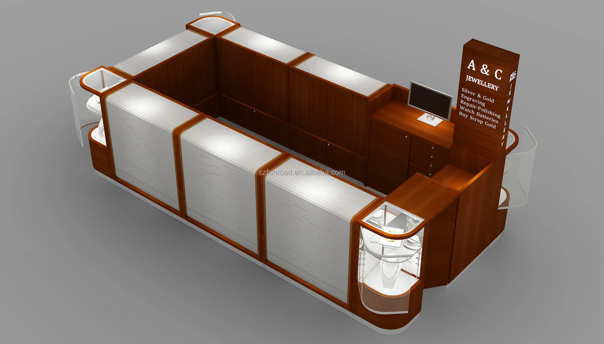 Custom design modern Glass and wooden jewelry display kiosk with rolling door