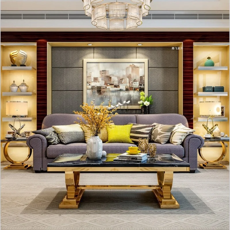 Журнальный столик для гостиной с золотистой рамой из нержавеющей стали мраморный стол Диванный и ТВ-подставка набор