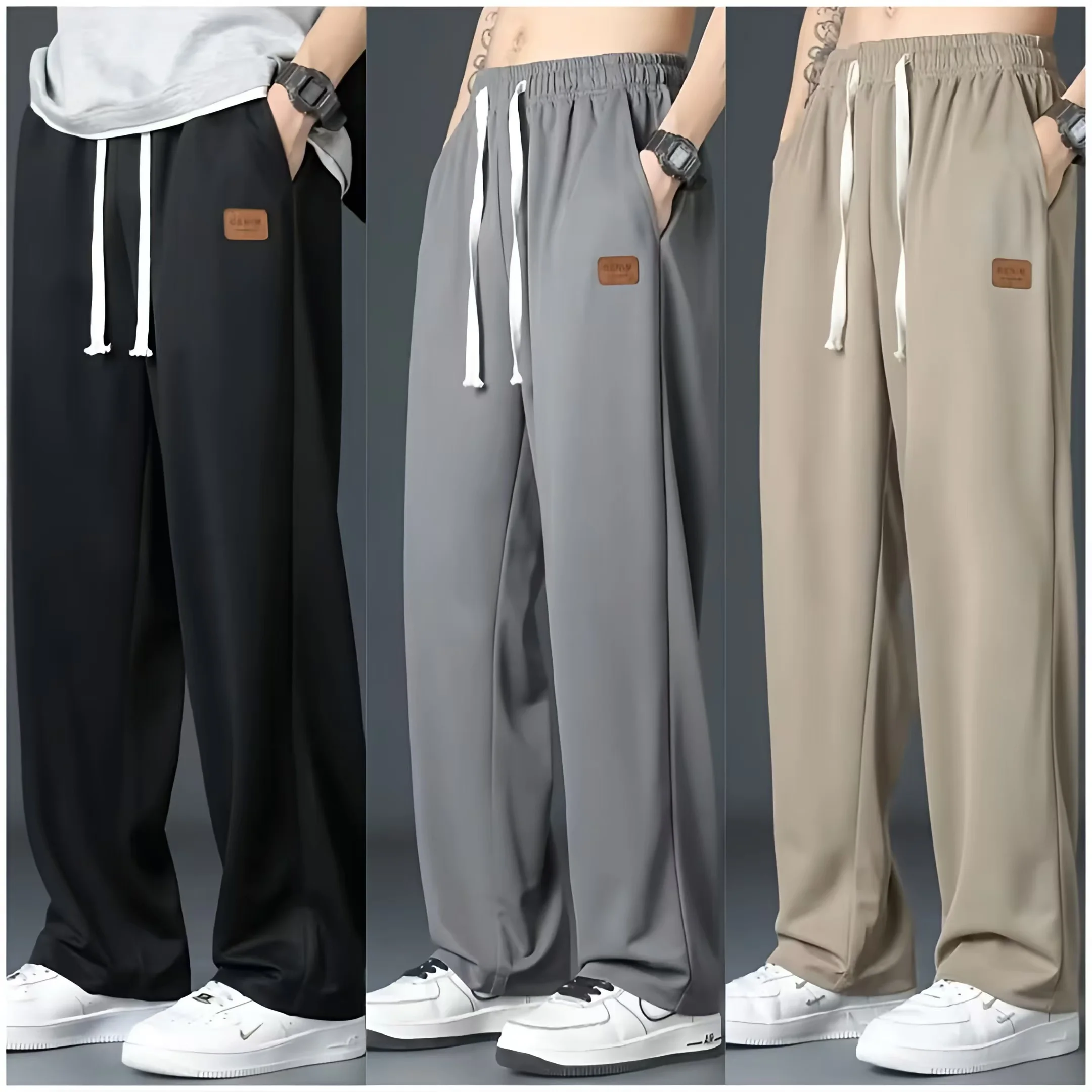 2025 New Fashion Street Summer Men's Casual Outdoor Thin Simple Loose Sportswear Ice Silk Belt Side Pocket Straight Trousers