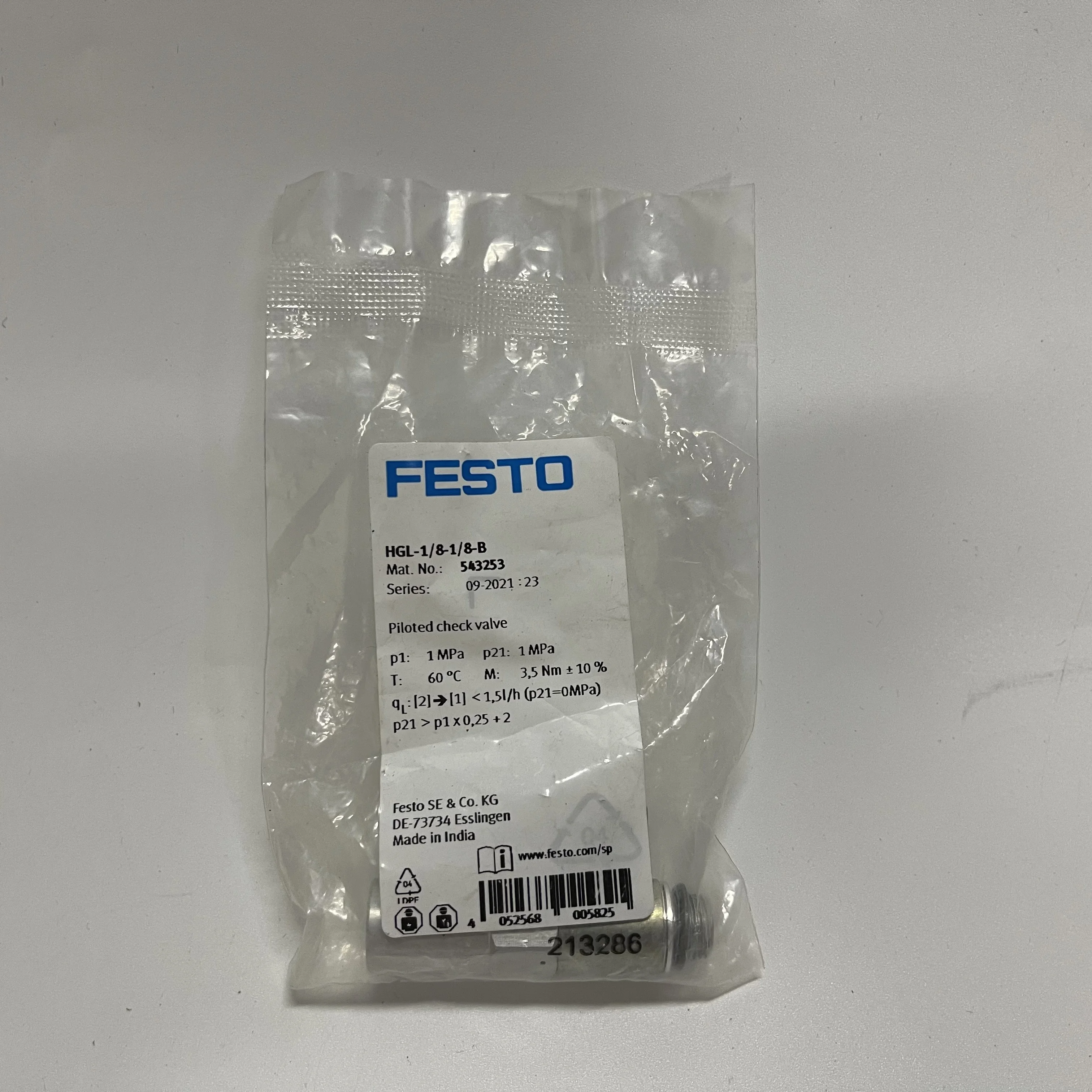 Festo Piloted Check Valve HGL-1/8-1/8-B Festo Piloted Check Valve HGL-1/8-1/8-B