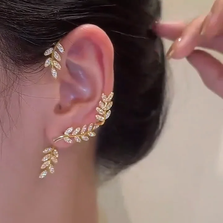 Source Korean Exquisite High Sparkling 1pcs Zircon Leaf Gold Plated Ear  Climber Cuff Stud Earrings for Women 2022 Trendy Jewelry on m.