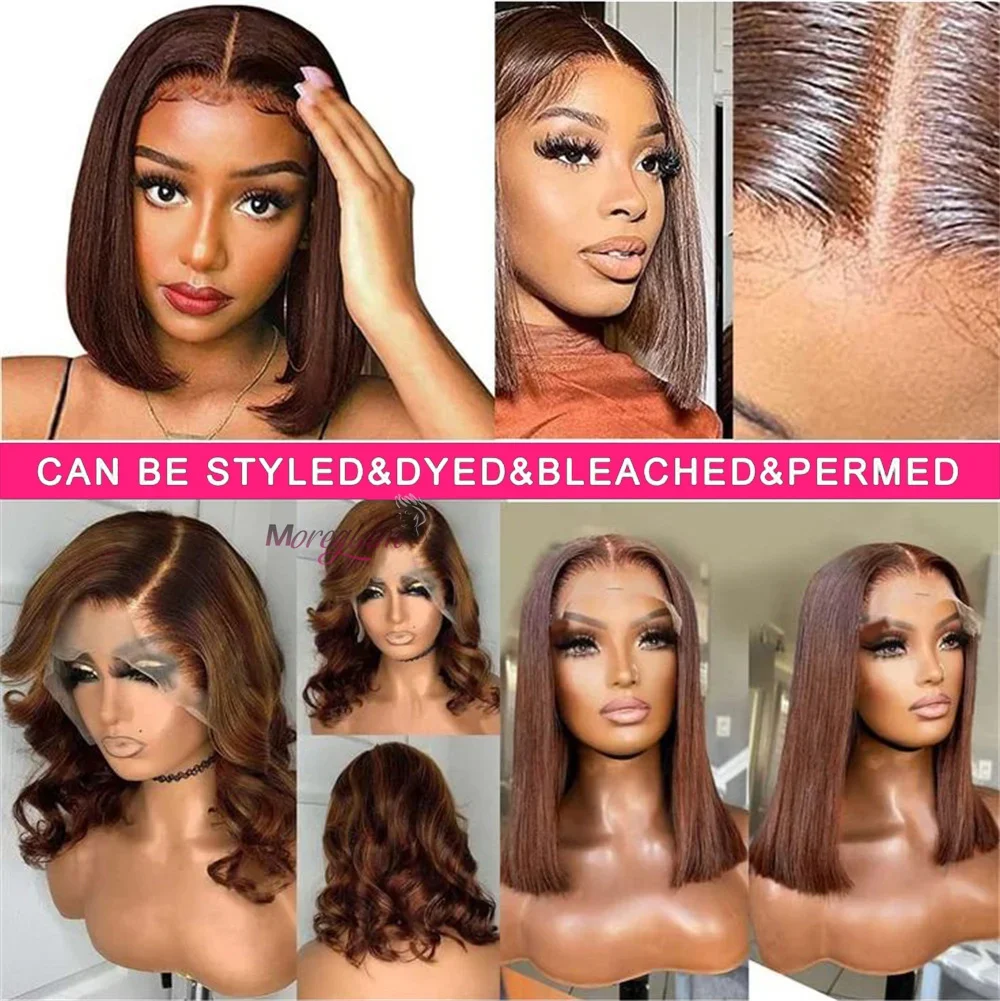 13x4 Lace Front Perücke Bob Echthaar Braun Glatt 180% Volldichte HD Transparent Lace Frontal Perücken_voghion.com