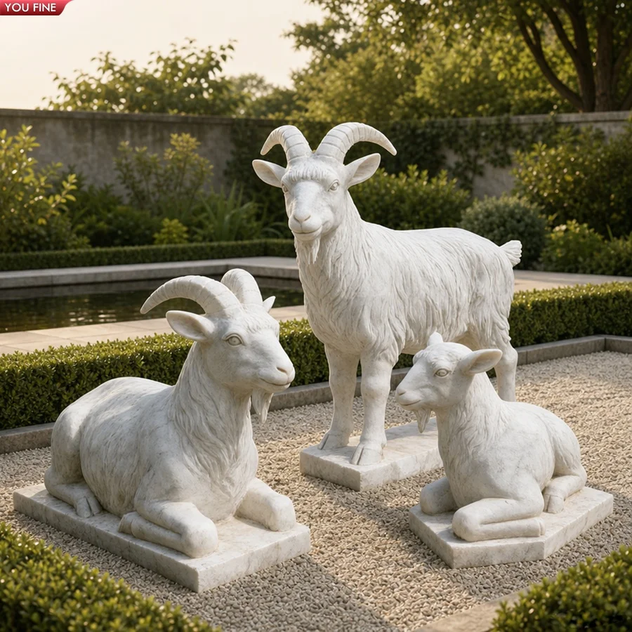 Youfine Natürliche Weiße Marmor-ziegenskulptur Lebensechte Drei-schafe-statue Für Außenbereich Garten Terrasse Hof Dekoration