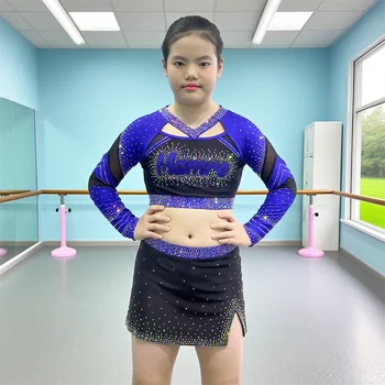 Children Cheerleading Uniform in Purple and Black with Full Sleeve Rhinestone Details Mamre Printed Word for Team Practice