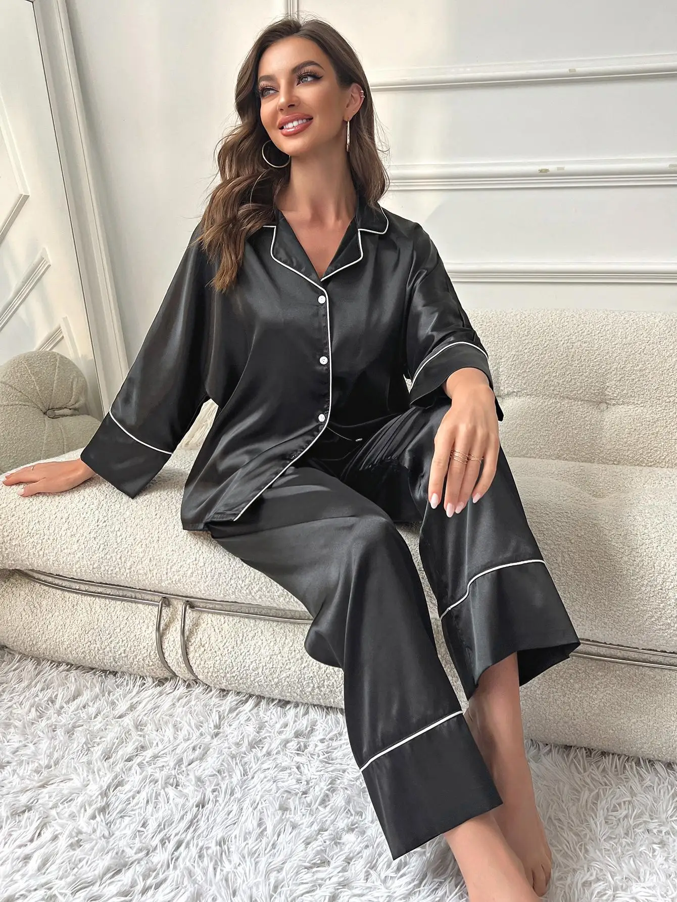 Pajamas Women's Solid Color Striped Basic Style Casual Long Sleeve Pants Two-piece Home Wear Nightwear — detail