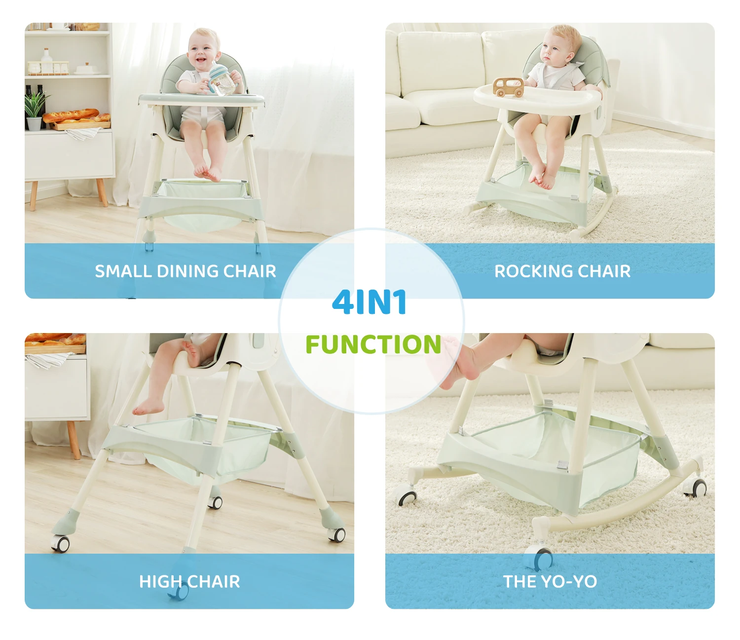 Multifunction Foldable Baby Rocking High Kids Dining Chair With Wheels