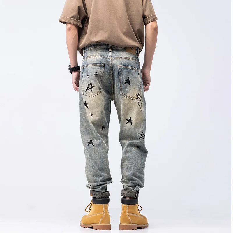Customize Logo Spring Street Retro Washed Men Denim Jeans Star Print Distressed Straight Leg Jeans