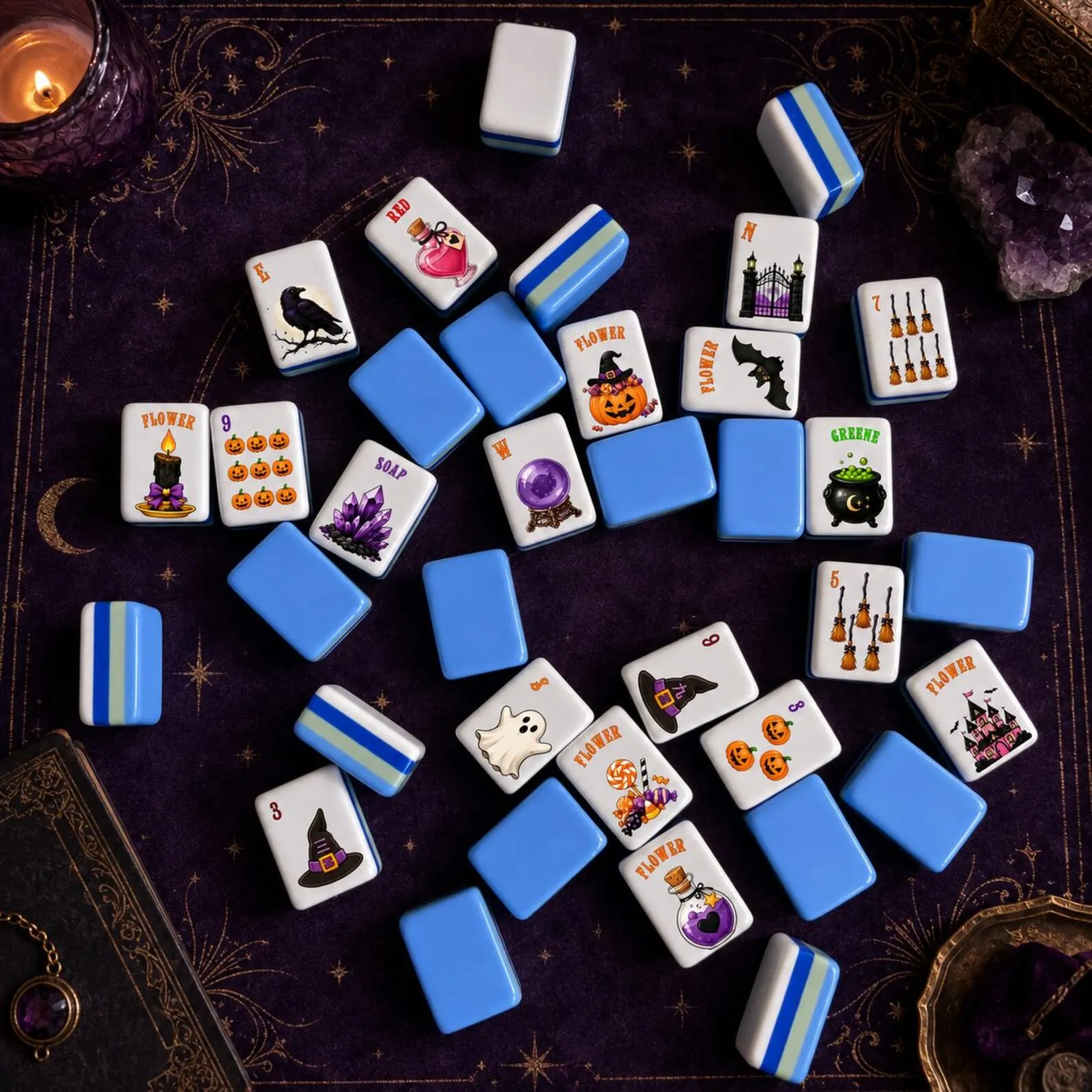 Halloween Acrylic Mahjong Tiles Portable Festival Game Pieces Witch Hat Pumpkin Ghost Theme Tabletop Party Set