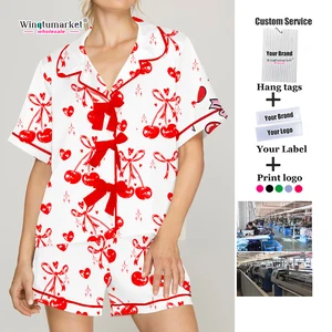 Custom Print Pajama Stylish Loungewear Short Sleeve Tops Valentines Day love All Over Red Cherry Heart Bow Pajamas Women