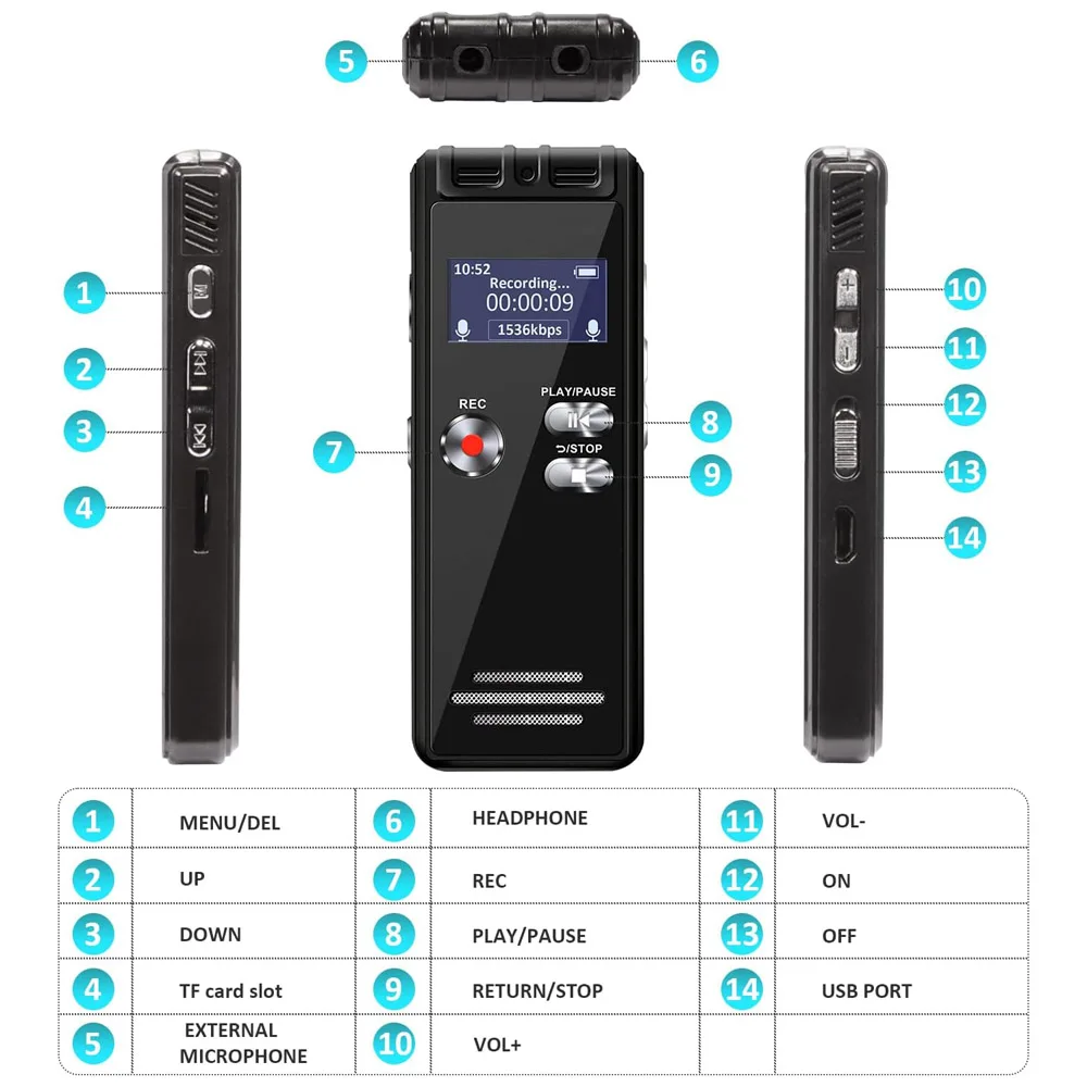 HD Noise Reduction  Audio  Format  MP3 /WAV   Music  Playback   Large Memory  Voice Recorder   Dictaphone