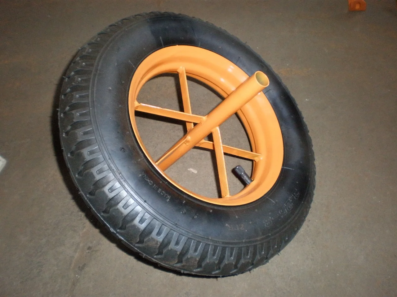 ORANGE SPOKED 14" Pneumatic Wheelbarrow Wheel Tyre 3.50-8 InnerBube BENT VALVE 