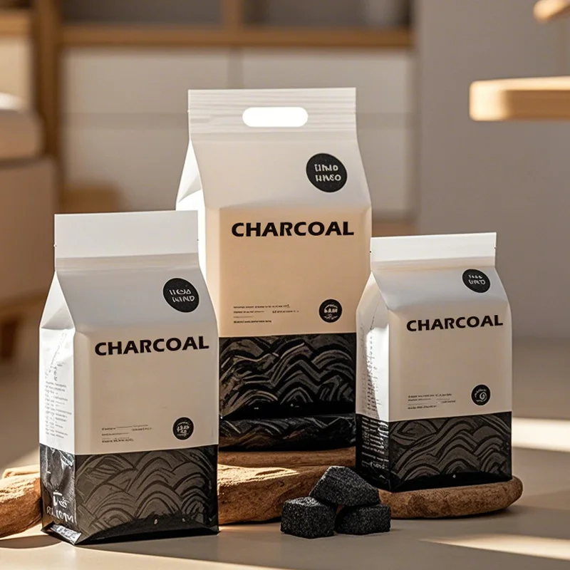 Custom Printed 5kg 10kg Digital Printing Packaging Flat Bottom Bag Charcoal Bag 15kg 3kg Kraft Paper Charcoal Bag