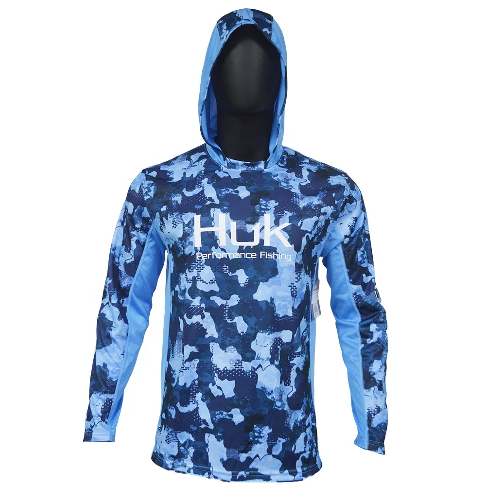 Mesh Side Vents Upf 50 Mens Long Sleeve Sublimation Huk Performance Hooded Fishing Shirts Custom
