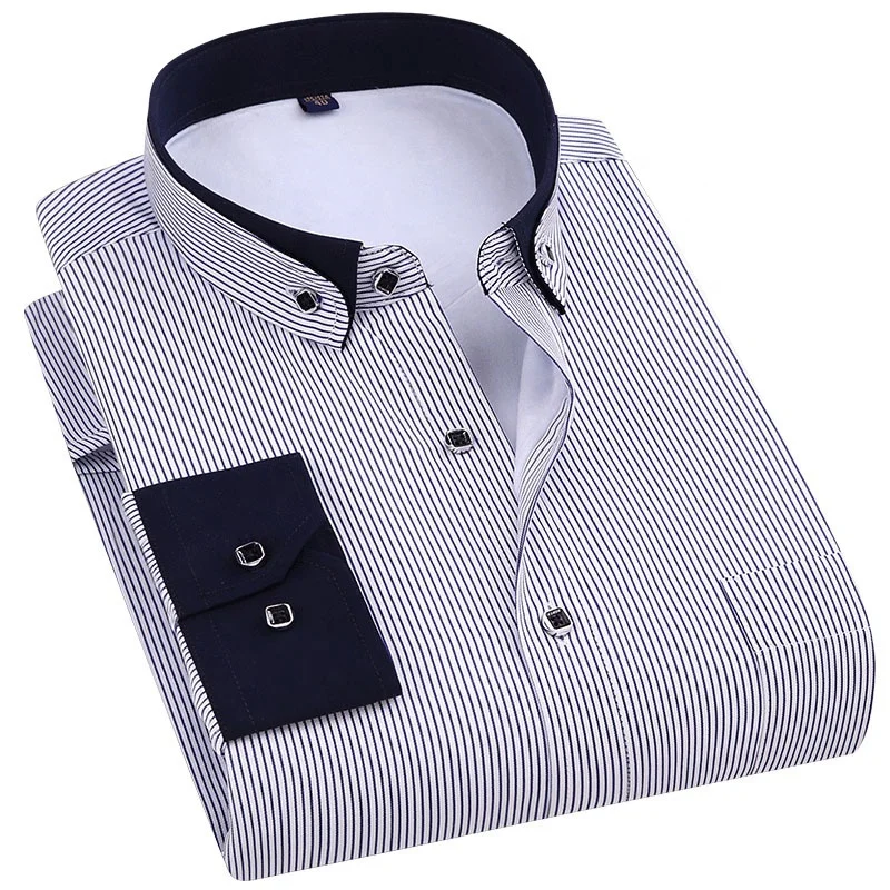 Mens Thickening Long-Sleeved Shirt Striped Cotton Lapel Collar Shirts 