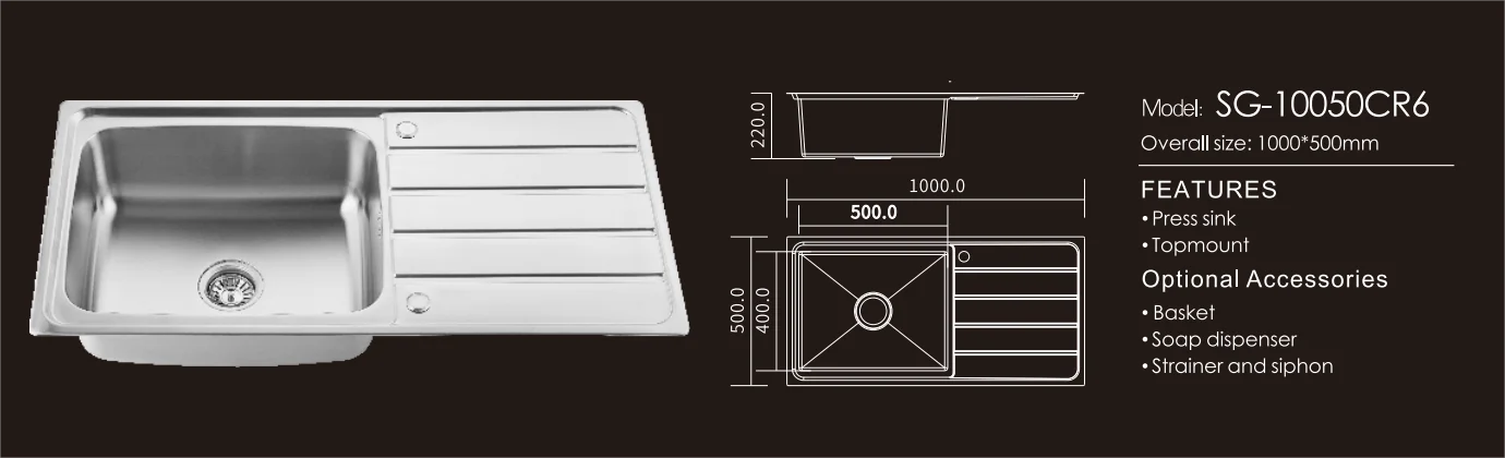 Single Bowl Rectangular Stainless Steel Kitchen Sink Counter Installation With Drainer Counter One Hole SS304 Pressed Sink Tray factory