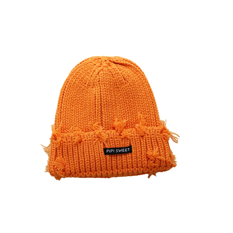 Autumn and Winter Warm Distressed Beanie Fashionable Patch Label Knitted Hat Gorros Custom Beanies With Logo Distressed