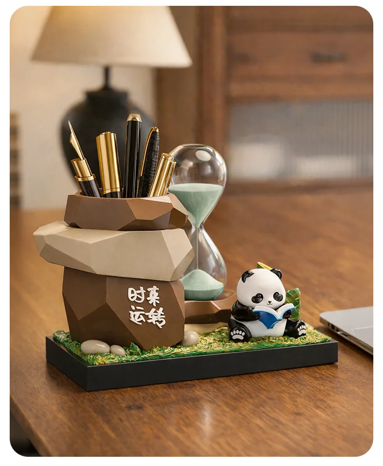 Panda Shaped Pen Holder with Hourglass Timer Cute Cartoon Style Home Office Desk Organizer Creative Decorative Storage Display