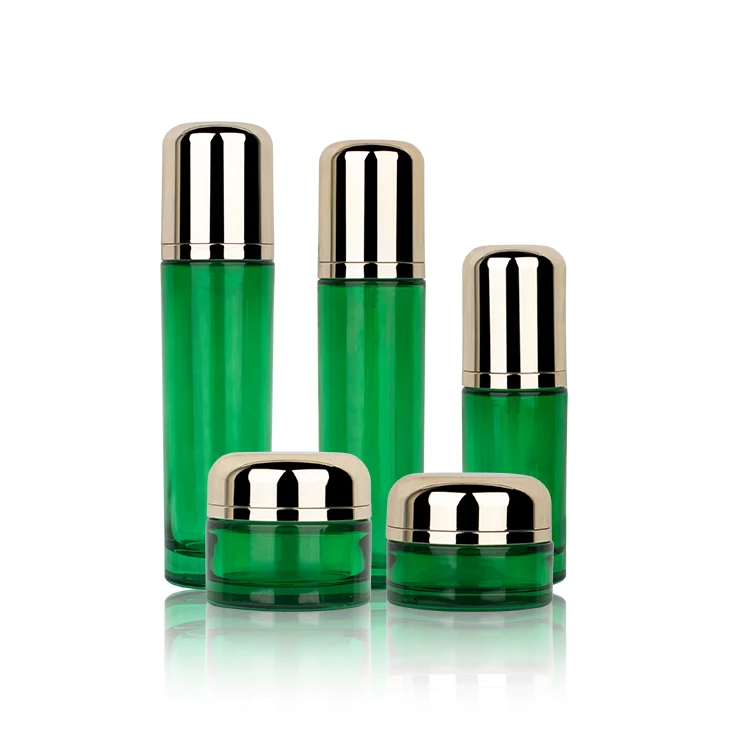 Empty Cosmetic Packaging Set 40ml 100ml 120ml Green Lotion Toner Glass Bottles with Pump Sprayers