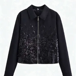 European and American Foreign Trade Women's ELEGANT Autumn High-end Black Sequin Embroidery Zipper Blouson Jacket