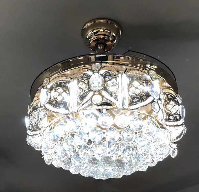 Decorative Lighting Led Modern Ceiling Fan with Hidden Blades Led Lights K9 Crystal Gold Color Fan Chandelier