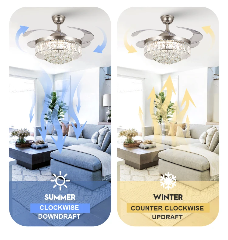 Luxury Crystal Chandelier Reversible Bldc DC Motor Smart Retractable LED Ceiling Fan with Light