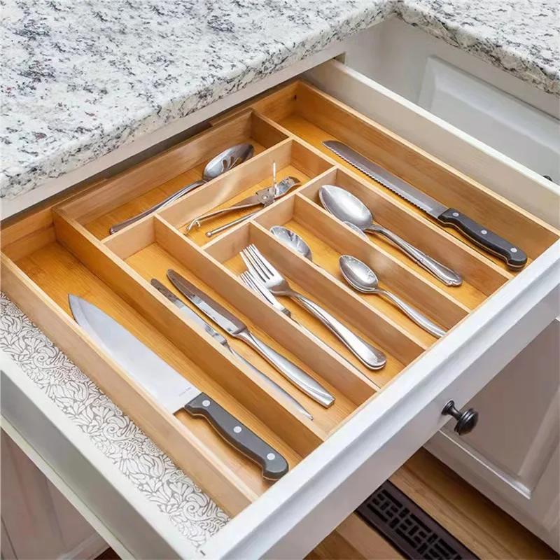 Kitchen Knives Adjustable Cutlery Tray Bamboo Expandable Wood Drawer Dividers Storage Organizer for Utensils Flatware Holder