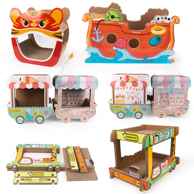 Wholesale Scratch Cardboard Indoor Cat House Cute School Bus Shaped Cat