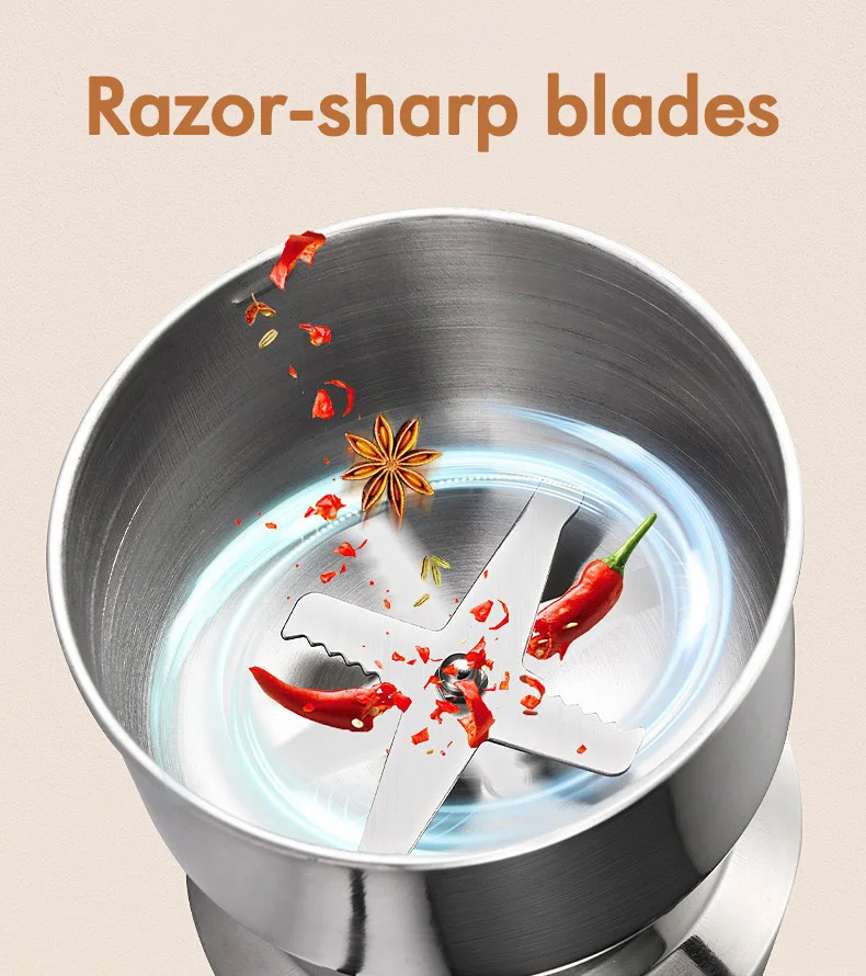 Silver Mini Electric Coffee Grinder for Household Use for Spices and Seeds with 2 Removable Stainless Steel Bowls