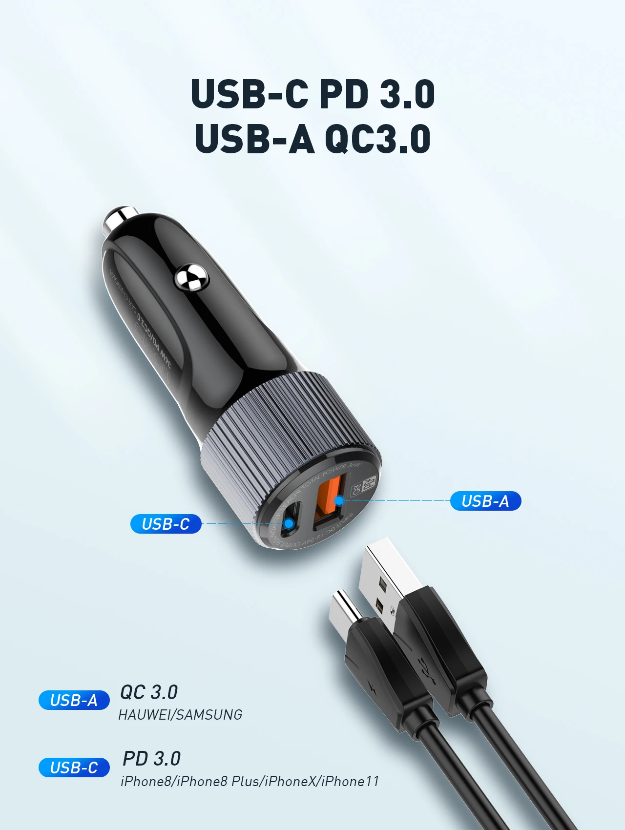 LISEN Cargador de coche USB C de 90 W, carga rápida, puerto USB C dual PD  de 45 W, cargador USB C para encendedor de cigarrillos, mini cargador de