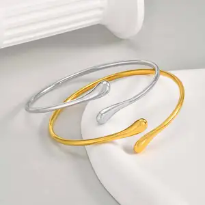 New Trendy Women Jewelry Open Adjustable Bangle 18k Gold Plated Stainless Steel Smooth Water Drop Opening Bracelet