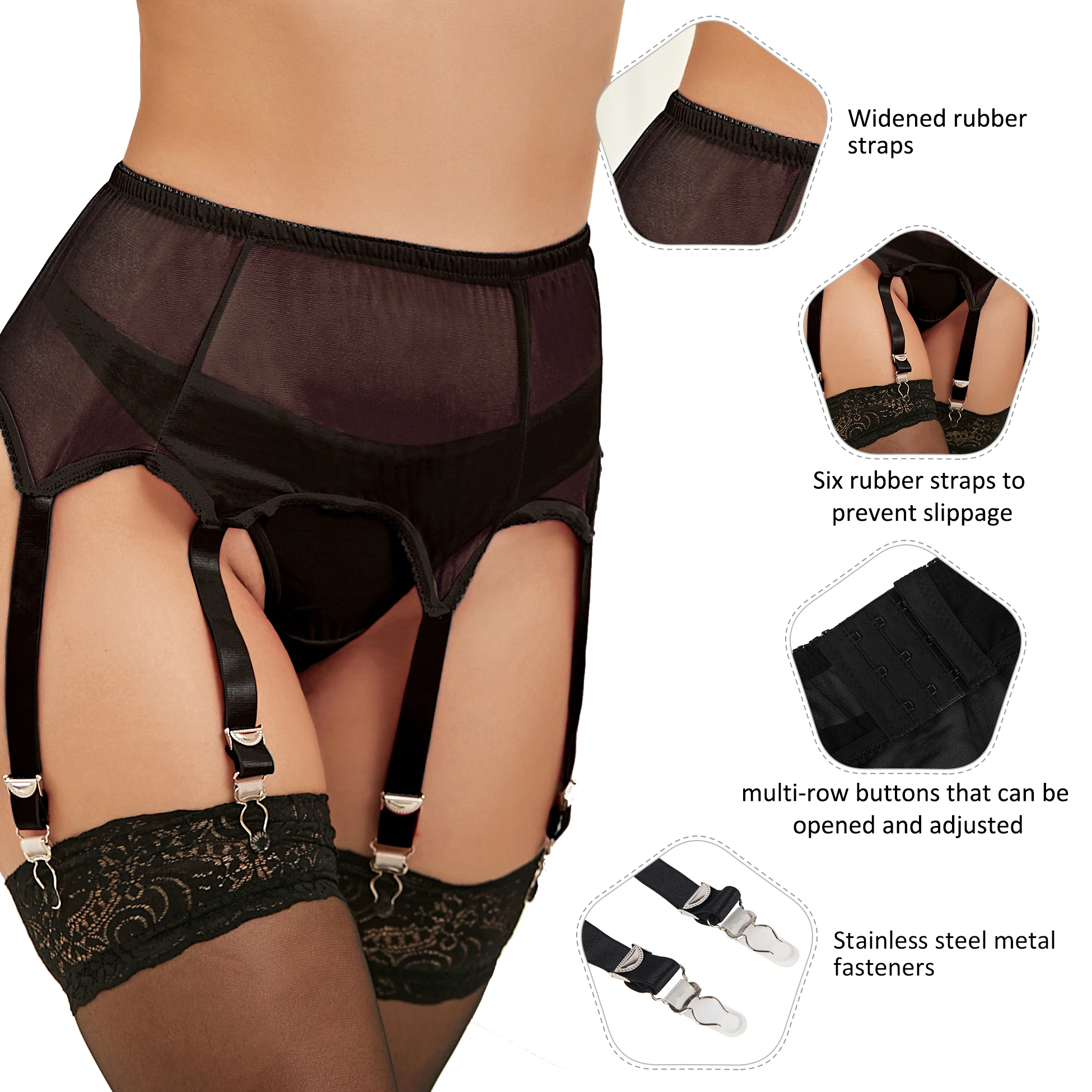 Women's Sexy Lace Garter Panty New Design Widened Rubber Straps Stainless Steel Metal Fastener Solid Pattern Black Knitted Weave