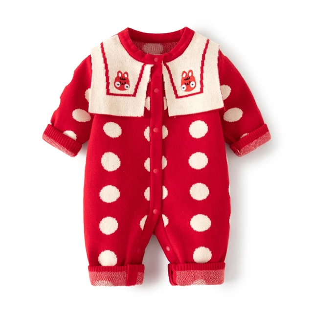 2023 New OEM ODM Newborn Baby Girls Red Knit Romper Infant Pure Cotton Warm Jumpsuit for Autumn Winter Clothes