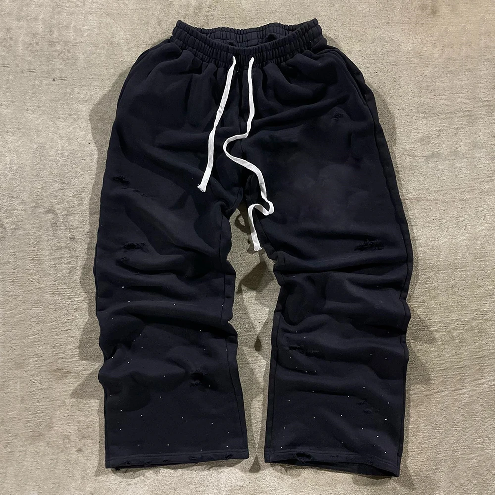 New Arrival Distressed Vintage Washed Track Jogger Pants Custom Rhinestone Men Heavyweight Cotton Wide Leg Sweatpants