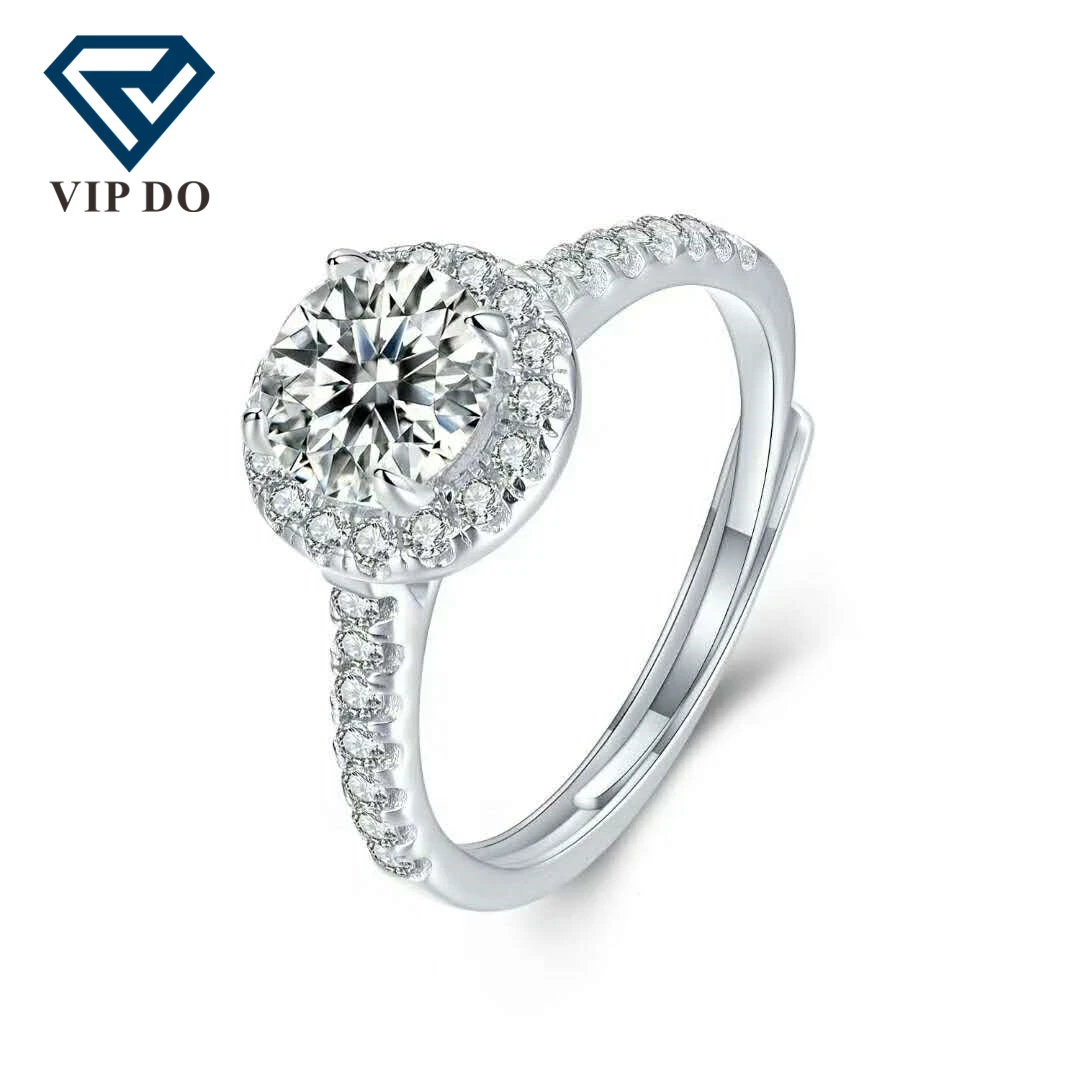 Wholesale Price S925 Sterling Silver Ring Round Brilliant Cut Moissanite  Women Ring Size Adjustable Customized Fashion Style