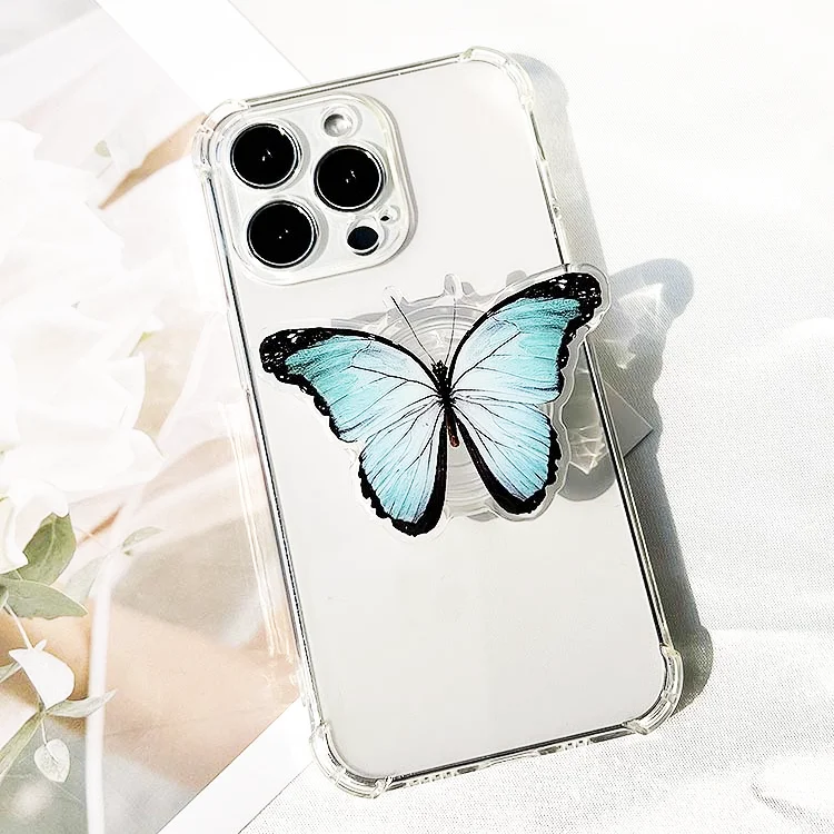 Popular designs custom acrylic waterproof phone holder finger griptok socket cartoon butterfly acrylic mobile phone grip factory