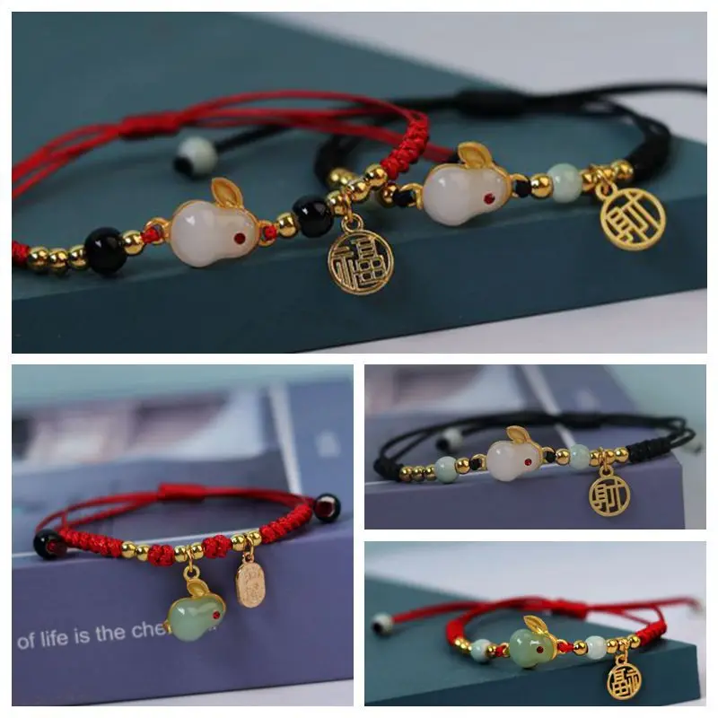 Jade Rabbit Charm 2023 Lucky Zodiac Jade Rabbit Charm Bracelet Simple Red Black Rope ...