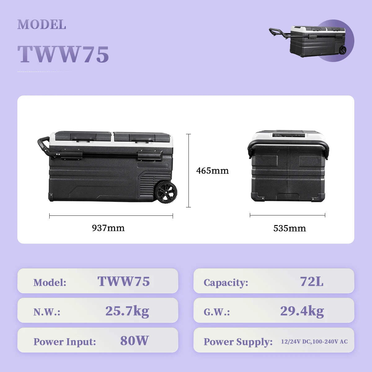 Alpicool TWW75 75L Portable Car Fridge Freezer - Dual Zone, 12V